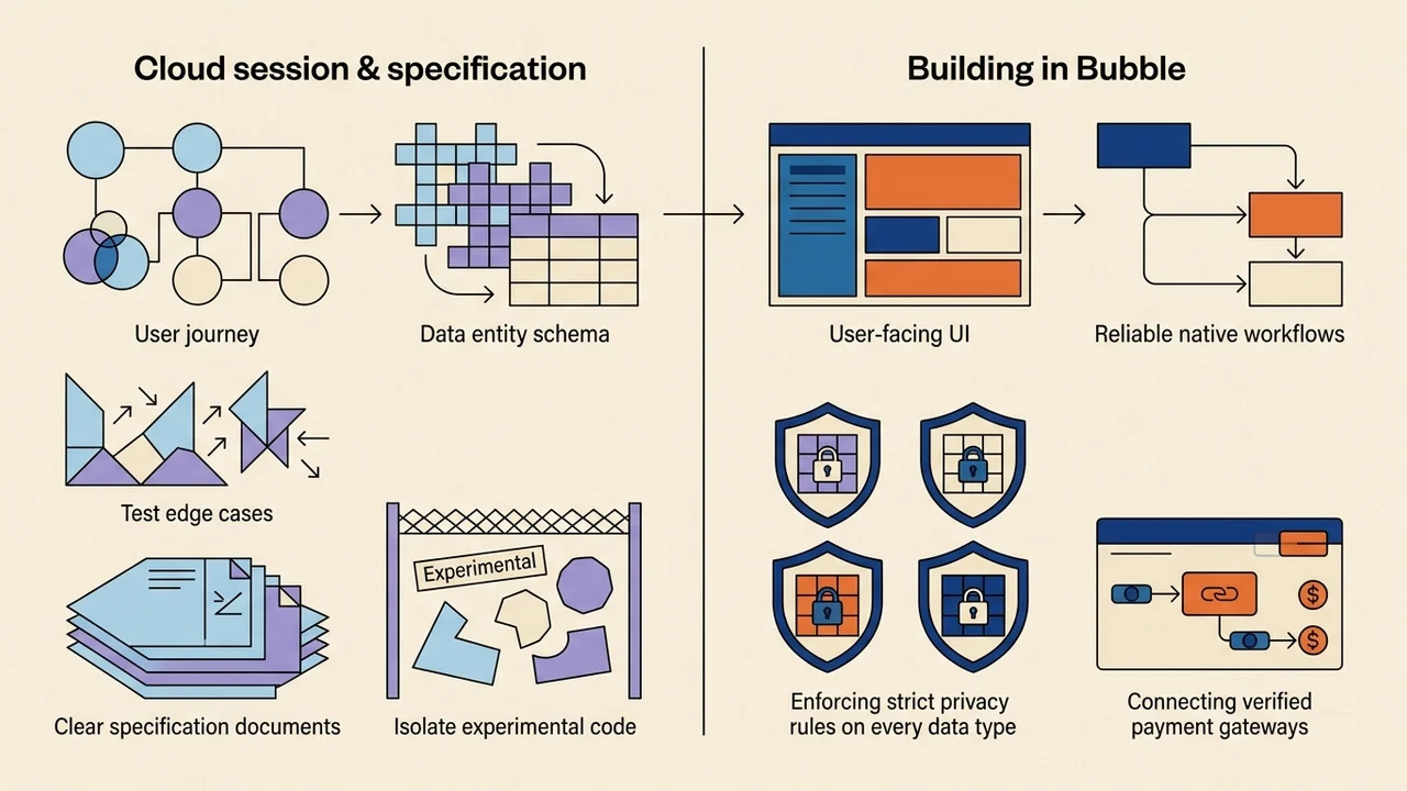What to spec in a cloud session vs. what to build in Bubble